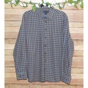 Scott Barber Brown & Blue Plaid Long Sleeve Shirt Size L Cotton Button Up Casual